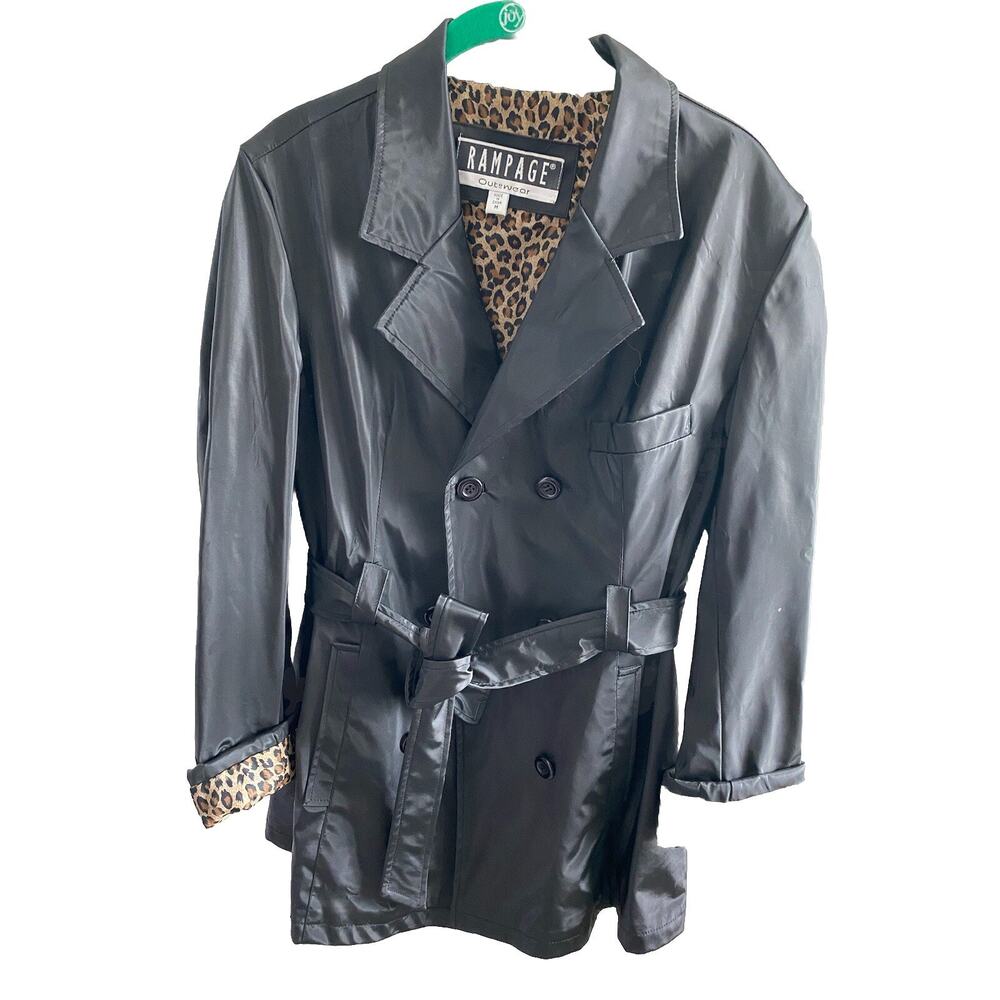 Rampage Womens Jacket Trench Coat Raincoat Belted Black Size M Leopard Lined. J